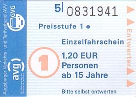 Communication of the city: Gersthofen (Niemcy) - ticket abverse. Oprócz pojazdów komunikacji GVG  w Gersthofen bilet upoważnia do przejazdów pojazdami przedsiębiorstwa AVG obsługującego transport w sąsiednim mieście Augsburg.