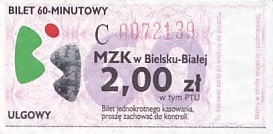 Communication of the city: Bielsko-Biała (Polska) - ticket abverse. <IMG SRC=img_upload/_0blad.png alt="błąd"> fioletowe 60