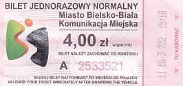 Communication of the city: Bielsko-Biała (Polska) - ticket abverse. 