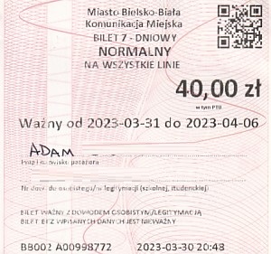 Communication of the city: Bielsko-Biała (Polska) - ticket abverse. <IMG SRC=img_upload/_0wymiana2.png>