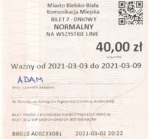 Communication of the city: Bielsko-Biała (Polska) - ticket abverse. 