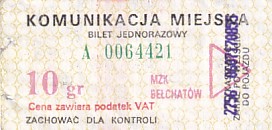Communication of the city: Bełchatów (Polska) - ticket abverse. 