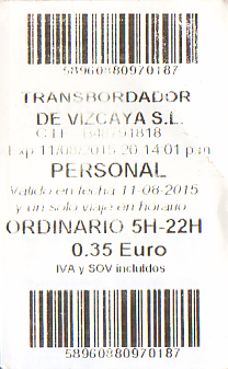 Communication of the city: Getxo (Hiszpania) - ticket abverse. Bilet na gondolę na Moście Biskajskim
