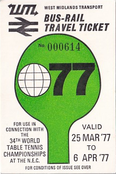 Communication of the city: Birmingham (Wielka Brytania) - ticket abverse. Bilet wydany dla uczestników
Mistrzostw Świata w Tenisie Stołowym
w 1977 roku!