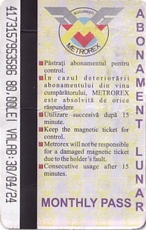 Communication of the city: Bucureşti (Rumunia) - ticket abverse. miesięczny