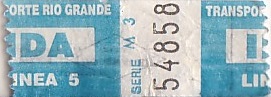 Communication of the city: Buenos Aires (Argentyna) - ticket abverse. Bilet na linię autobusową nr5 (<a href=https://es.wikipedia.org/wiki/L%C3%ADnea_5_%28Buenos_Aires%29 target=_blank><b> więcej »</b></a>),
której operatorem jest firma Transportes Río Grande.
Bilet nie ma zatem nic wspólnego z miastem Río Grande!