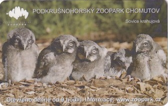 Communication of the city: Chomutov (Czechy) - ticket abverse. <IMG SRC=img_upload/_chip.png alt="plastikowa karta elektroniczna, karta miejska"> Sowa jarzębata (Surnia ulula)
Szczegóły o serii kart miejskich
promujących ZOO znajdują się w opisie miasta.
Nakład - 20000