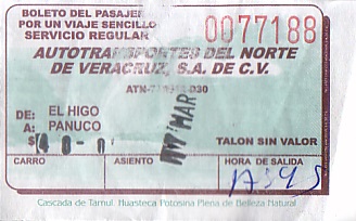 Communication of the city: (międzymiastowe MEX) (Meksyk) - ticket abverse. trasa z El Higo do Panuco w stanie Tamaulipas
dystans: 52km
siedziba firmy znajduje się w mieście Ciudad Valles w stanie San Luis Potosí