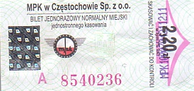 Communication of the city: Częstochowa (Polska) - ticket abverse. 