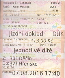 Communication of the city: Děčín (Czechy) - ticket abverse. 