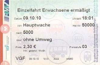 Communication of the city: Frankfurt (Niemcy) - ticket abverse. 