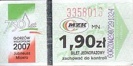 Communication of the city: Gorzów Wielkopolski (Polska) - ticket abverse. bilet okolicznościowy - 750lat miasta