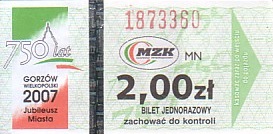 Communication of the city: Gorzów Wielkopolski (Polska) - ticket abverse.  bilet okolicznościowy - 750lat miasta
