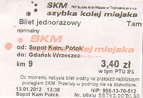 Communication of the city: Gdańsk (Polska) - ticket abverse. SKM