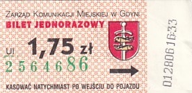 Communication of the city: Gdynia (Polska) - ticket abverse. <IMG SRC=img_upload/_0blad.png alt="błąd"> krzywo nadrukowany herb