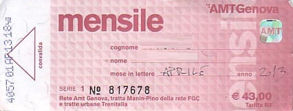 Communication of the city: Genova (Włochy) - ticket abverse. miesięczny