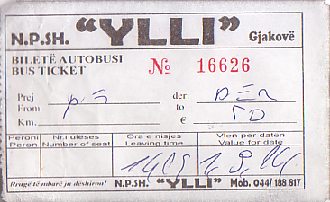 Communication of the city: Gjakovë (<i>Kosowo</i>) - ticket abverse. bilet na trasie Pejë-Deçan-Gjakovë-Prizreni, wykorzystany na odcinku Pejë-Deçan.