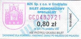 Communication of the city: Grudziądz (Polska) - ticket abverse. hologram na odwrocie