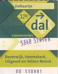 Communication of the city: Haarlem (Holandia) - ticket abverse. Bilet obowiązuje na liniach 73, 74, 76, 77, 78, 84, 167, 168. Działa zatem w miastach Beverwijk, Heemskerk, Uitgeest i północnej dzielnicy Velsen.<!-- Haarlem --> 