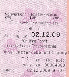 Communication of the city: Hameln (Niemcy) - ticket abverse