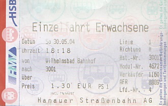 Communication of the city: Hanau (Niemcy) - ticket abverse. <IMG SRC=img_upload/_0wymiana2.png>