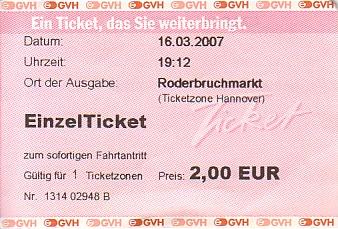 Communication of the city: Hannover (Niemcy) - ticket abverse