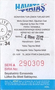 Communication of the city: İstanbul (Turcja) - ticket abverse. bilet wykorzystany na trasie z lotniska do centrum miasta