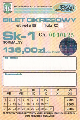 Communication of the city: Jaworzno (Polska) - ticket abverse. 