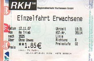 Communication of the city: Kassel (Niemcy) - ticket abverse. <IMG SRC=img_upload/_0wymiana2.png>