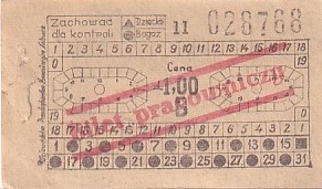 Communication of the city: Katowice (Polska) - ticket abverse. Bilet pracowniczy z 1967 roku.
A czy wiecie jak kasowano taki bilet?
Konduktor dziurkował bilet w odpowiednich miejscach;
- u góry kasowano gdy podróżowało dziecko lub bagaż, bilet dla osoby dorosłej nie był kasowany w tym miejscu
- na środku widzimy dwie tarcze zegarowe, konduktor kasował godzinę wejścia do pojazdu (minuty były zbędne)
- na obramowaniu wewnętrznego pola widoczne są dwa panele z numerami przystanków bądź stref kilometrowych (tzw. stadiów). Choć bilet był jednorazowy, to dla ułatwienia pracy konduktora zawarte są panele <i>tam</i> i <i>z powrotem</i>. Dziurkowany był przystanek, na którym pasażer wsiadł do pojazdu i na którym wysiadał. Jeśli trasa posiadała więcej niż 24 przystanki, konduktor dzielił trasę na strefy kilometrowe.
- ostatni panel na dole oznaczał dni miesiąca

Zabezpieczenia przed oszustami
- kolor paska i sposób nałożenia go na bilet (mógł być np. pionowy bądź skośny)
- seria biletu (B)
- nr bloczka (11)
- numerator
Przyjmowano, że te kilka informacji jest absolutnie wystarczające, by konduktor rozpoznał ewentualny fałszywy bilet pasażera.