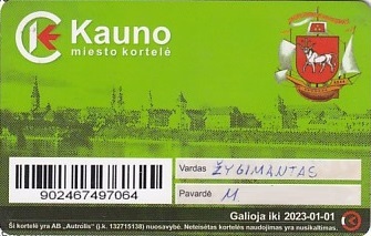 Communication of the city: Kaunas (Litwa) - ticket abverse. <IMG SRC=img_upload/_chip.png alt="plastikowa karta elektroniczna, karta miejska">