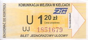 Communication of the city: Kielce (Polska) - ticket abverse. <IMG SRC=img_upload/_pasekIRISAFE6.png alt="pasek IRISAFE"><IMG SRC=img_upload/_0wymiana2.png>