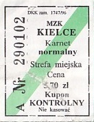 Communication of the city: Kielce (Polska) - ticket abverse. <IMG SRC=img_upload/_0karnetkk.png alt="kupon kontrolny karnetu"> cena 5,70zł