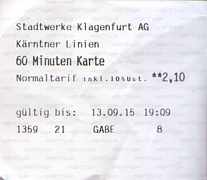 Communication of the city: Klagenfurt am Wörthersee (Austria) - ticket abverse. 