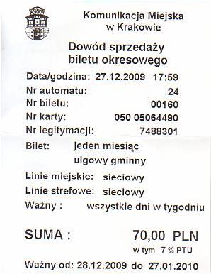 Communication of the city: Kraków (Polska) - ticket abverse. na rewersie napisy zielone