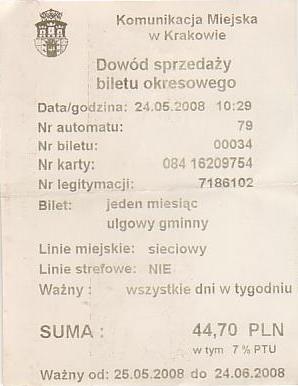 Communication of the city: Kraków (Polska) - ticket abverse. na rewersie napisy pomarańczowe
