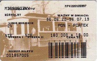 Communication of the city: Kraków (Polska) - ticket abverse. <IMG SRC=img_upload/_0blad.png alt="błąd">: krzywo nabity druk (Paweł)
rewers: czcionka brązowa
