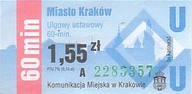 Communication of the city: Kraków (Polska) - ticket abverse. <IMG SRC=img_upload/_0blad.png alt="błąd">: wyblakły czerwony pasek - błąd drukarski. Na skanie efekt mało widoczny.