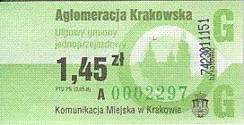 Communication of the city: Kraków (Polska) - ticket abverse. ciemnozielony napis "Aglomeracja Krakowska"