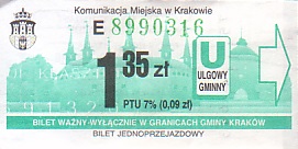 Communication of the city: Kraków (Polska) - ticket abverse. <IMG SRC=img_upload/_0blad.png alt="błąd">nadrukowany adres ul. Klasztorna