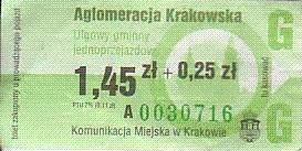 Communication of the city: Kraków (Polska) - ticket abverse. ciemnozielony napis "Aglomeracja Krakowska" 