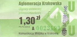Communication of the city: Kraków (Polska) - ticket abverse. ciemnozielony napis "Aglomeracja Krakowska" 