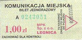 Communication of the city: Legnica (Polska) - ticket abverse. 