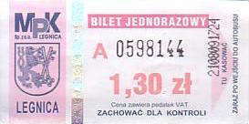 Communication of the city: Legnica (Polska) - ticket abverse. reklama MPK z tyłu