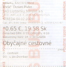 Communication of the city: Liptovský Mikuláš (Słowacja) - ticket abverse