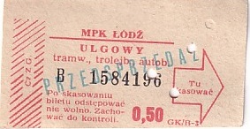 Communication of the city: Łódź (Polska) - ticket abverse. <IMG SRC=img_upload/_0blad.png alt="błąd">
Bilet na tramwaj, trolejbus i autobus.
Problem w tym, że w Łodzi nigdy
nie jeździły trolejbusy!
Wpisz w wyszukiwarkę u góry hasło:
<i>błąd trolejbus</i> by znaleźć analogiczne
bilety z innych miast.