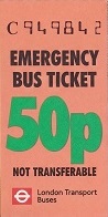 Communication of the city: London (Wielka Brytania) - ticket abverse. <i>Emergency Bus Ticket</i>!
Jak to działało?
W latach 90-tych kierowcy miejskich autobusów
w Londynie sprzedawali takie bilety wyłącznie
podczas awarii pokładowego automatu biletowego.
Cały bloczek takich awaryjnych biletów
można zobaczyć <a href=http://tickets.cba.pl/img_upload/London105c106c107c108c109c.jpg rel=nofollow target=_blank><b>tutaj (skan) »</b></a>, bądź <a href=http://tickets.cba.pl/img_upload/__EmergencyBusTicketsLondon.jpg rel=nofollow target=_blank><b>tutaj (zdjęcie w lepszych kolorach) »</b></a>