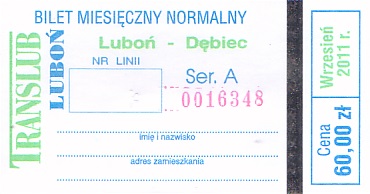 Communication of the city: Luboń (Polska) - ticket abverse. 