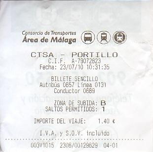 Communication of the city: Málaga (Hiszpania) - ticket reverse