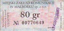 Communication of the city: Malbork (Polska) - ticket abverse. brak hologramu na rewersie
